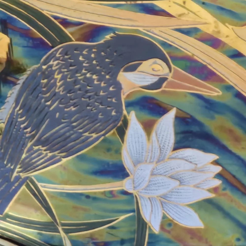 Japanese Pair Of Mid Century Vases Feat. Birds & Water Scene, Iridescent